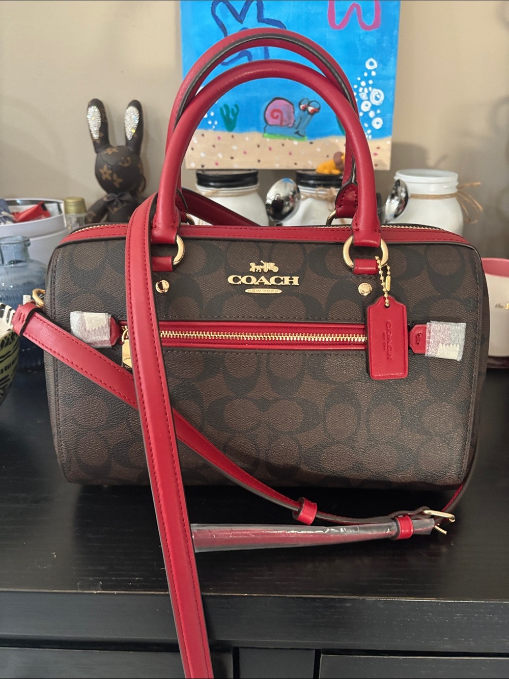 Coach Brown Signature Crossbody Satchel with Red Trim NWOT